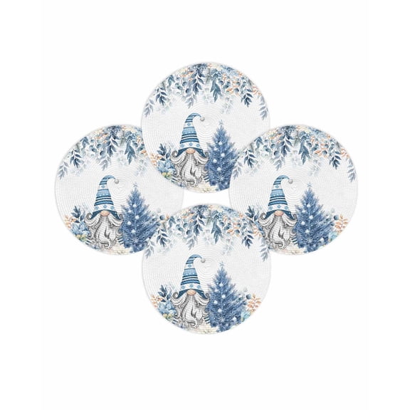 Christmas Round Placemats Set of 4 Blue Gnome Place Mats Woven Placemat Pine Tree Eucalyptus Leaves Floral Snowflake Circle Braided Table Mat for Kitchen Dining Table Party Home Decor 15 Inch