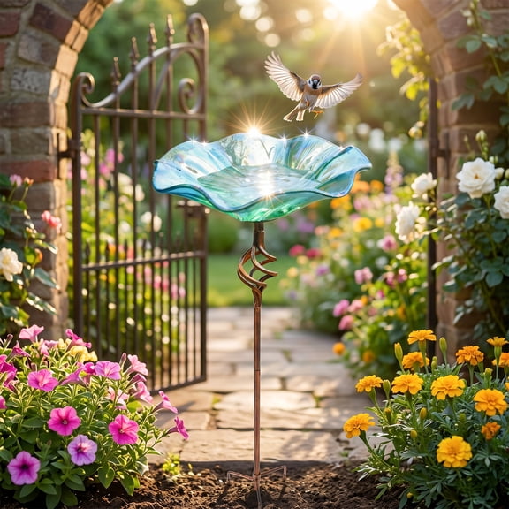 11 Inch Glass Birdbath Birdfeeder with Metal Stake Garden Outdoor Blue Green