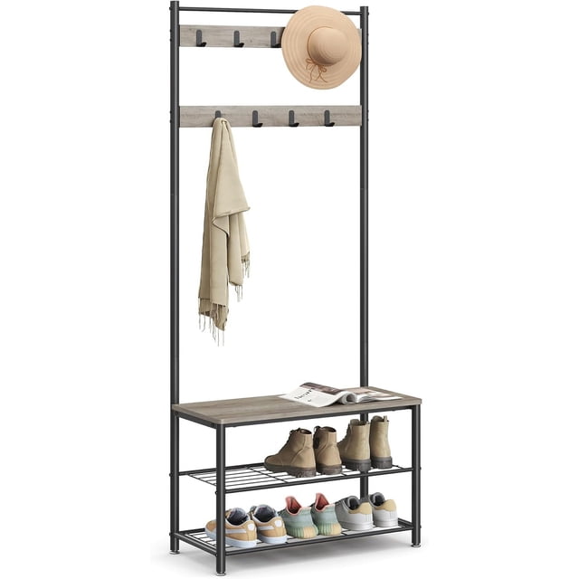 Perchero Zapatero, Perchero con Banco para Recibidor, 3 en 1, para Entrada, Pasillo, 32.5 x 70 x 175 cm, Marrón Rústico MHSR041KD02