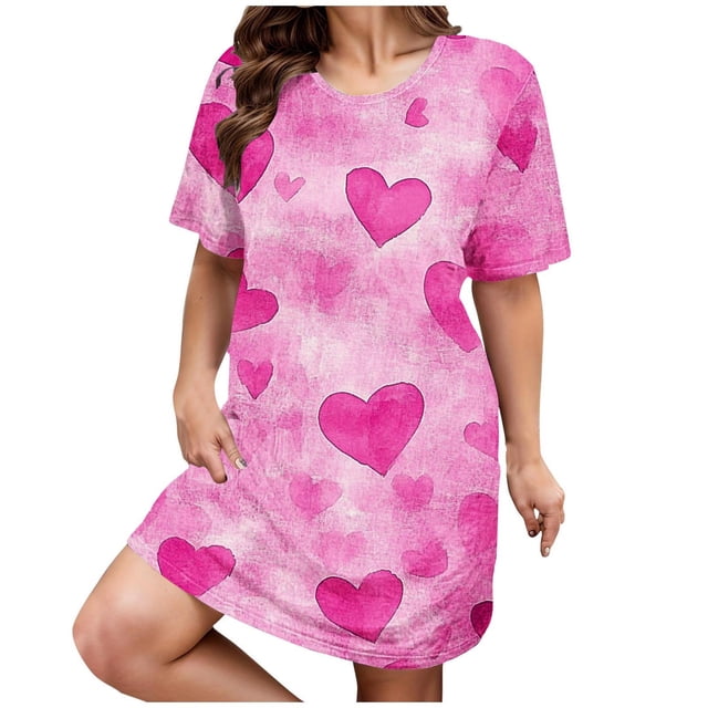 siminseming Nuisettes et Chemises de Nuit de Noël pour Femmes Grande Taille Robe de Nuit Décontractée pour Femmes Grande Taille Imprimé Cœur Manches Courtes Col Rond Extensibilité Moyenne Nuisette Ample Robe de Nuit de la Saint-Valentin