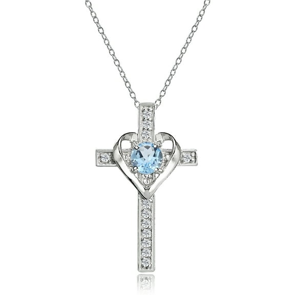 Sterling Silver Blue Topaz and White Topaz Heart Cross Birthstone Pendant Necklace