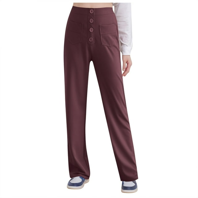 YFELWZ Womens Plus Size Casual High Waisted Straight Leg Button Pocket Pants Purple M