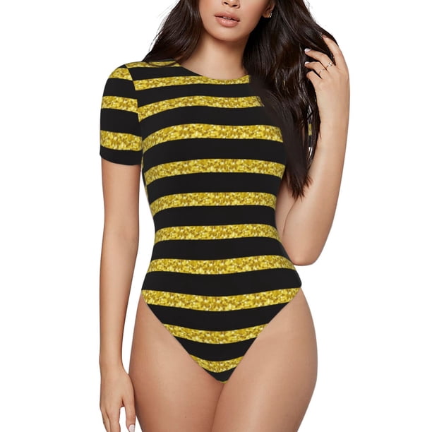 Fotbe Gold Glitter Body de Mujer con Cuello Redondo y Mangas Cortas, Sin Mangas Ajustado, Suave, Cómodo y Básico-Small