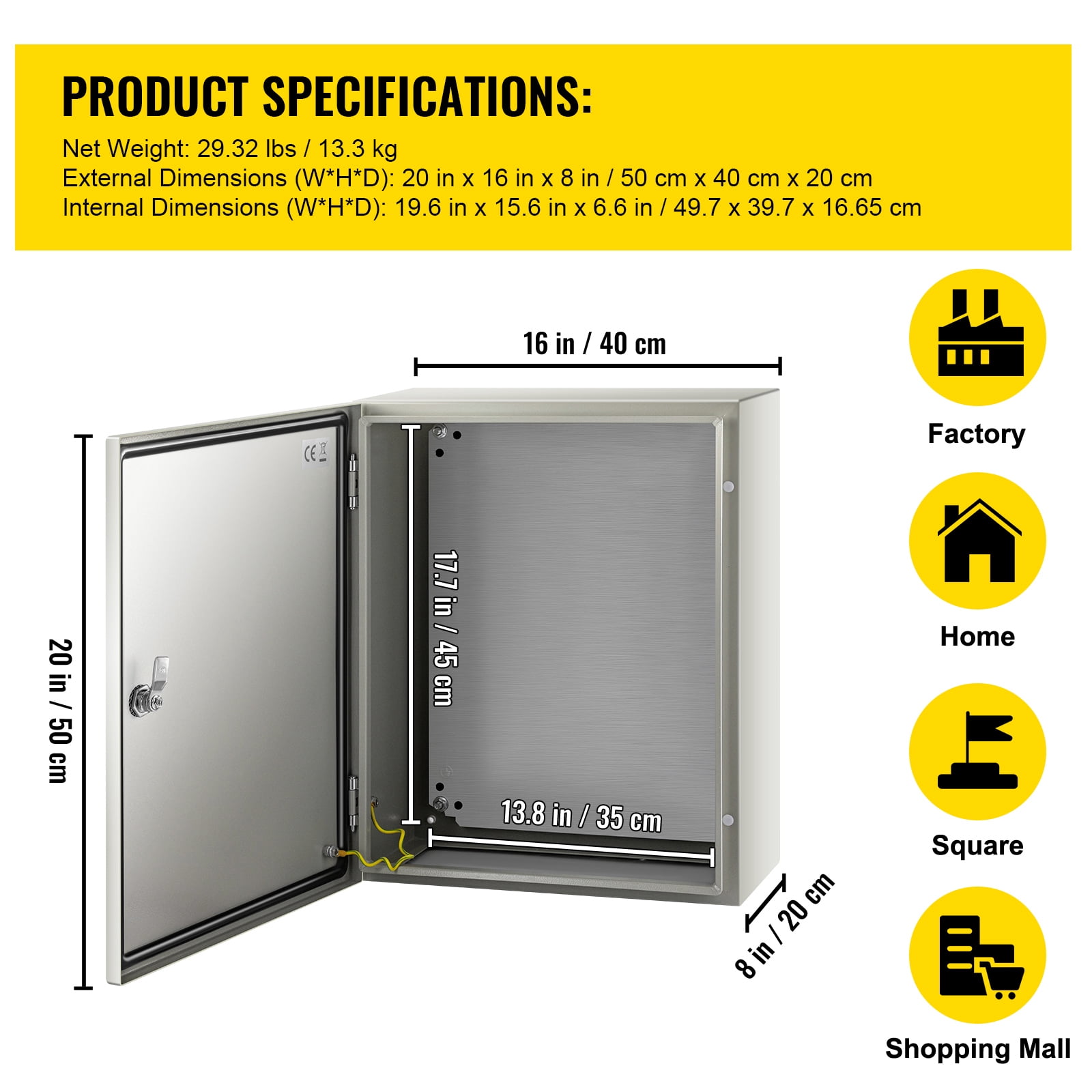 KFFKFF NEMA Metal Enclosure, 20x16x8'', IP66 Rated for Water & Dust Resistance, Ideal for Outdoor & Indoor Applications, Comes with a Mounting Plate