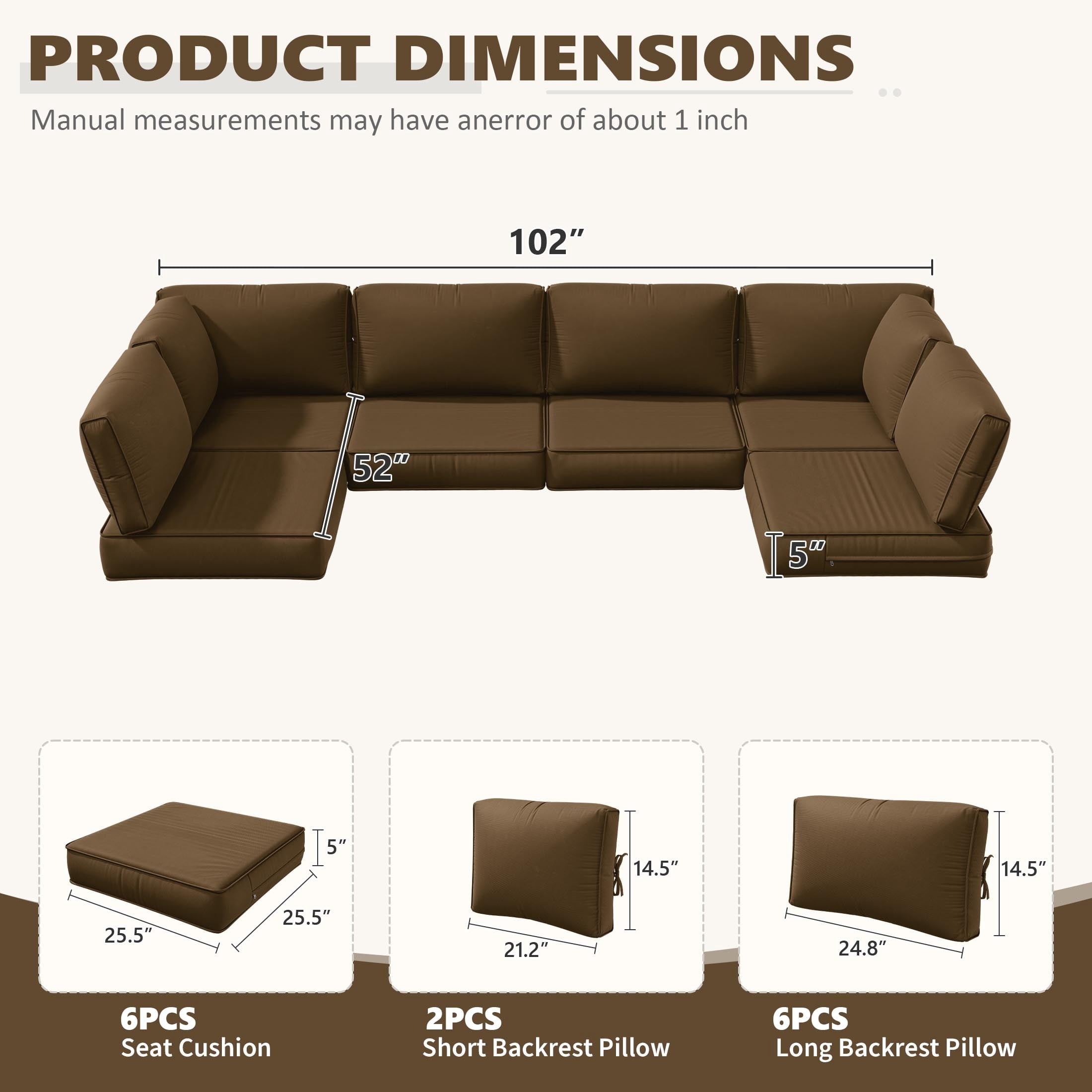 Snubbull 6-Seat Sectional Outdoor Patio Replacement Cushions Set, 25.5" x 25.5", 5" Foam High-Density, 14-Piece Water-Resistant Outdoor Cushion for Patio Conversation Sets, Liner&Cover, Chocolate