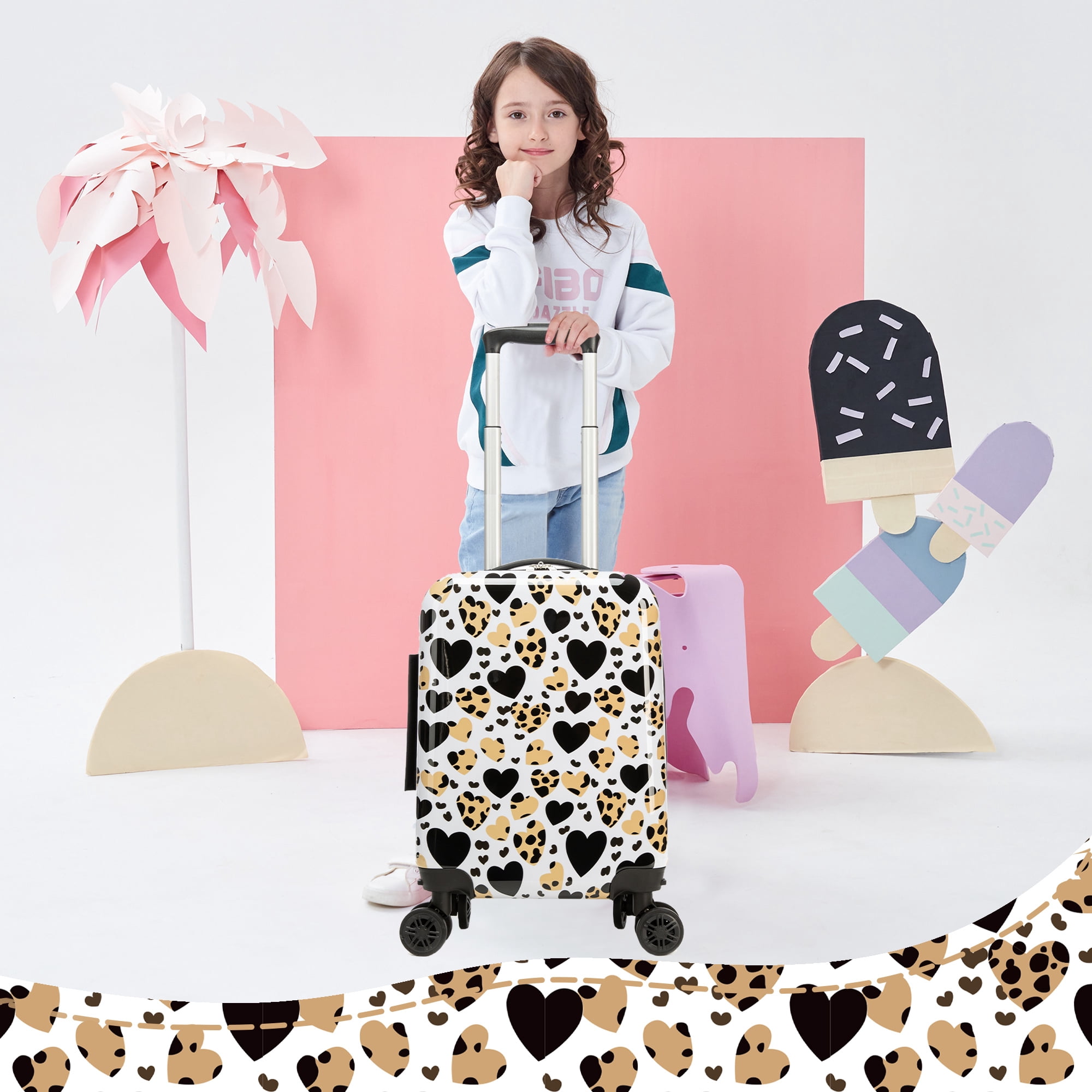 Kids Hardshell Luggage Sets 2 Piece Suitcases for Girls Women with Wheels Airline Approved 16 Inch Suitcase with Neck Pillow Airplane
