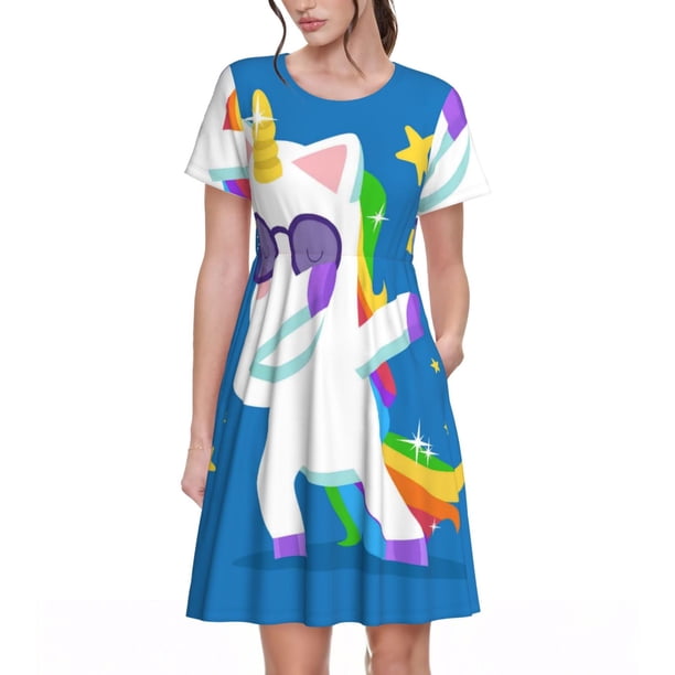Easygdp Cool Unicorn Star Golden para Vestido Transpirable de Mujer, Vestido Suelto de Manga Corta con Pliegues y Bolsillos para el Verano