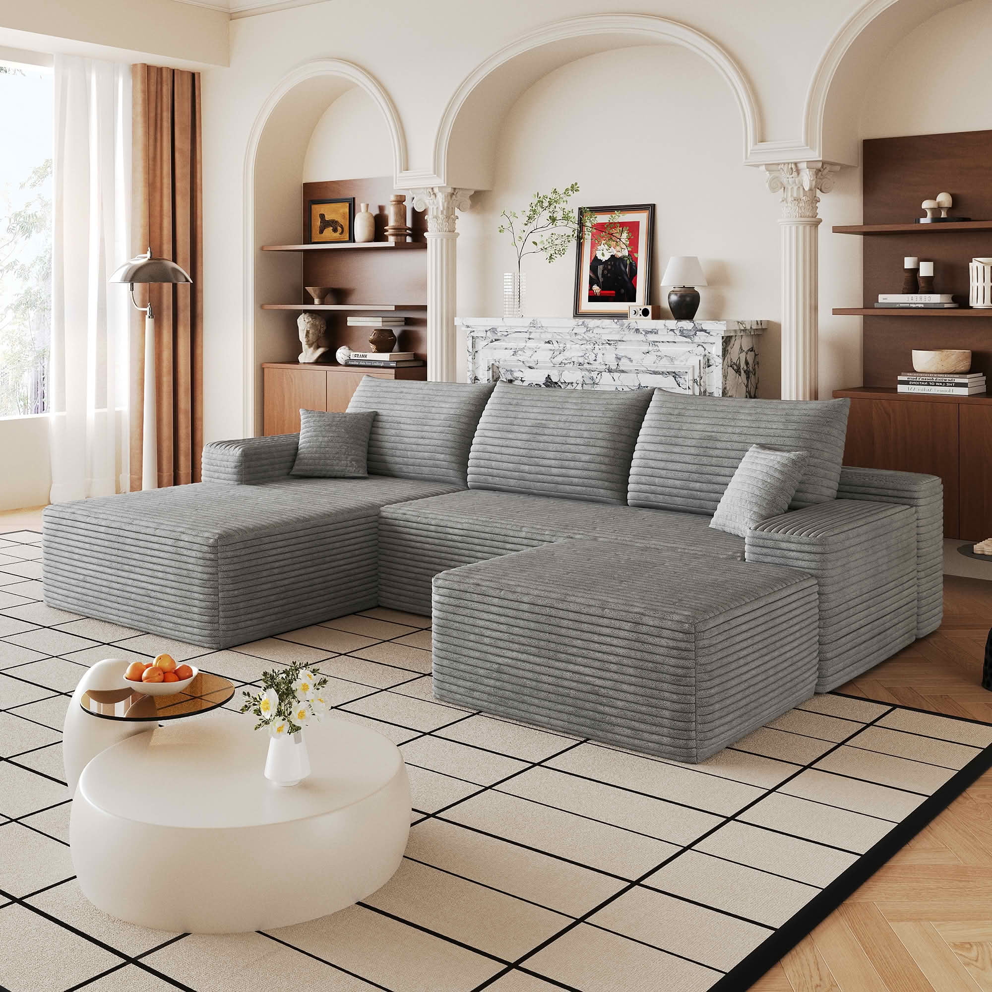 MAYEERTY 107" Cloud U-Shaped Sectional Sofa with 1 Ottoman, Plush Corduroy Deep Seat Modular Couch, No Assembly for Living Room