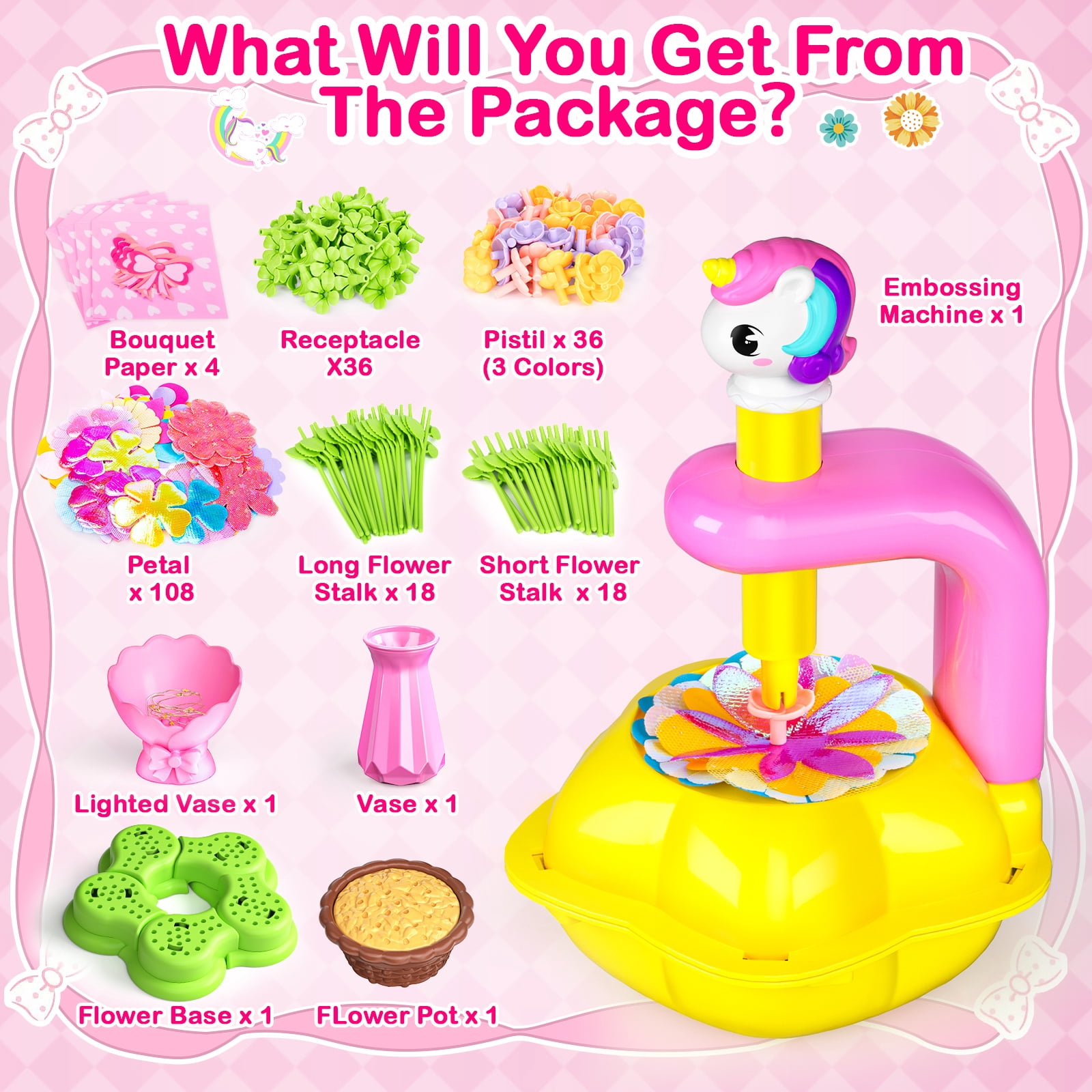 HXFOU DIY Unicorn Craft Kit for Girls Ages 3-12, Girls Flower Making Kit with Lighted Vase, DIY Fabric Flower Bouquet Arts and Crafts Set, Unicorn Gifts for Girls, Pink