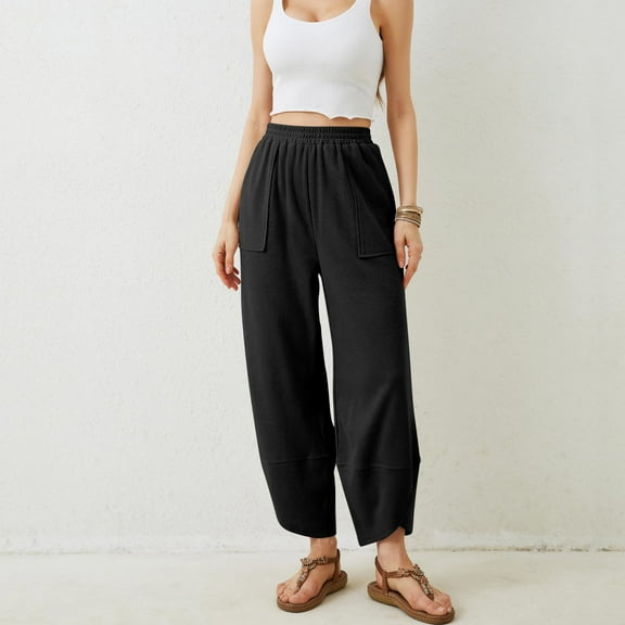 BLOCLOALO Harem Pants Wide Leg Pants Casual Cotton Sweatpants with Pockets Crossed Cuffs Loose Straight Leg Cropped Pants Elastic Waist Pants Pajama Pants Joggers for Women Black L