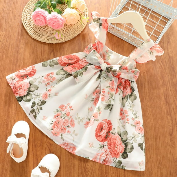 PatPat Toddler Girl Floral Square Neck Ruffled Bowknot Sleeveless