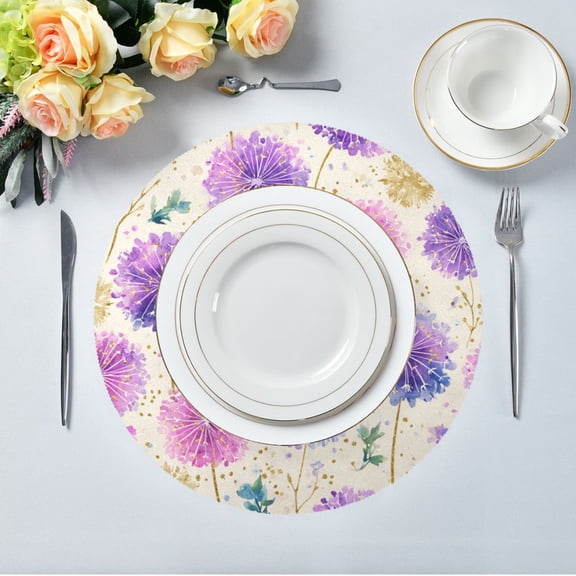 15.4" Round Placemat Set of 1 Polyester Fabric Place Mats Non-Slip Dining Kitchen Table Mats for Kitchen Party Decor Watercolor Dandelions Pattern