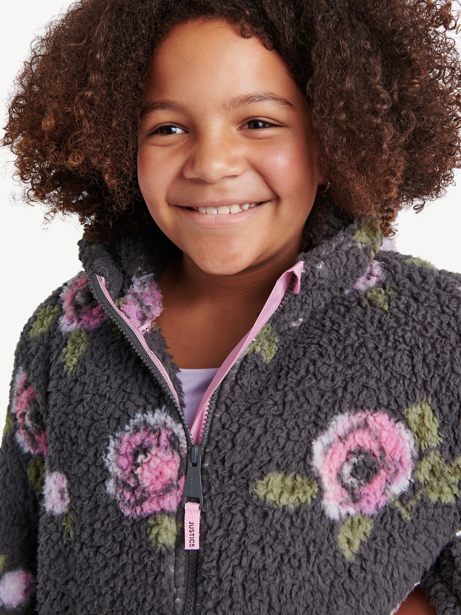 Justice Girl's Printed Floral Sherpa Jacket with Hood, Sizes XS - XL