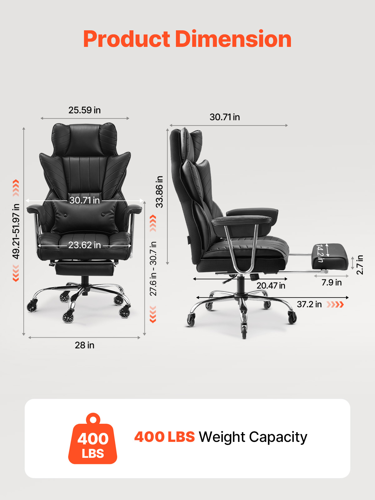KFFKFF Managerial Office Seating, Tall Backrest Chair with Retractable Footrest and Detachable Armrests, Comfortable Workstation Chair , PU Leather Revolving Mobility Chair, Black