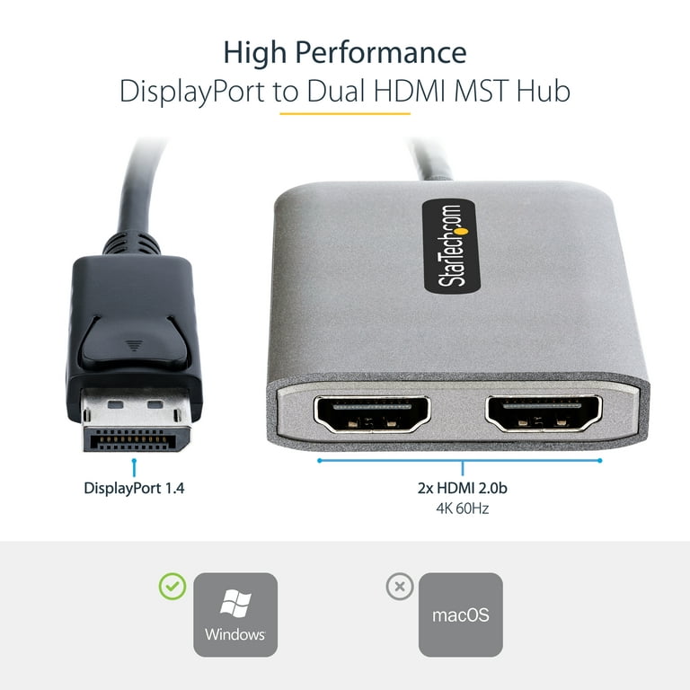 StarTech.com DP to Dual HDMI MST HUB - Dual HDMI 4K 60Hz - DisplayPort  Multi Monitor Adapter with 1ft / 30cm cable - DP 1.4 Multi Stream Transport  Hub, DSC