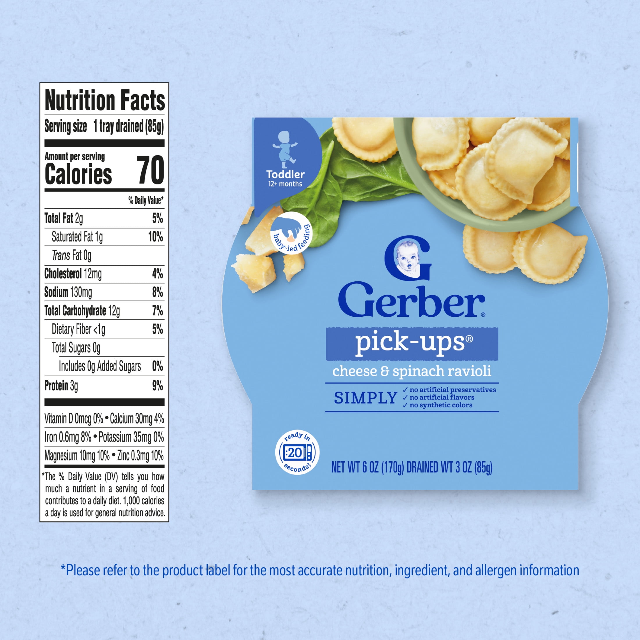 (12 pack) Gerber Mealtime for Toddler, Pick-Ups, Cheese & Spinach Ravioli, 6 oz Tray