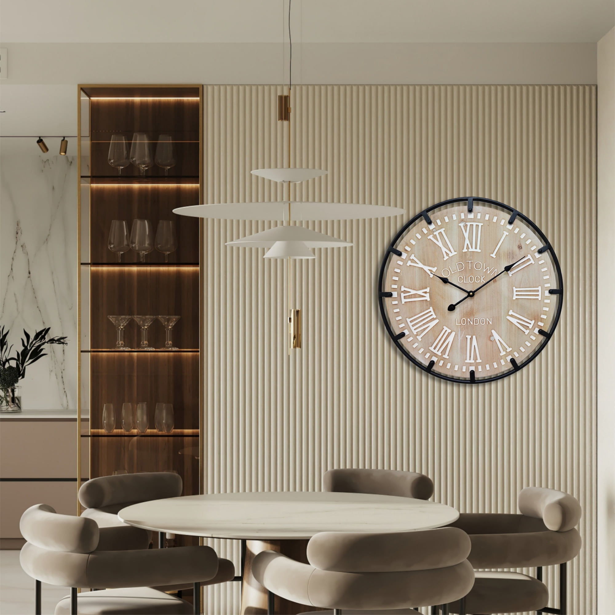 24 Inch Large Metal Frame Farmhouse Rustic Wooden Wall Clock with Engraved Roman Numbers