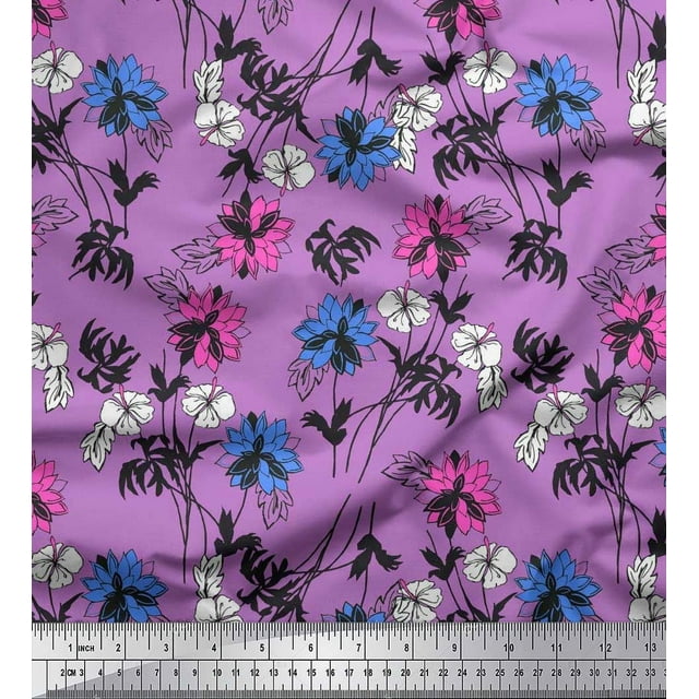 Soimoi Poly Georgette Fabric Leaves & Floral Artistic Printed Fabric 1 Yard 42 Inch Wide
