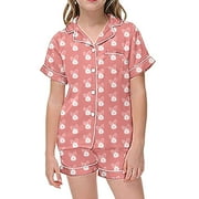 ADVIICD Girls Summer Outfit, Kids 2 Piece Button Down Shirt Beach Shorts Set Cute Animal Preppy Loungewear (Pink,4-5 Years)