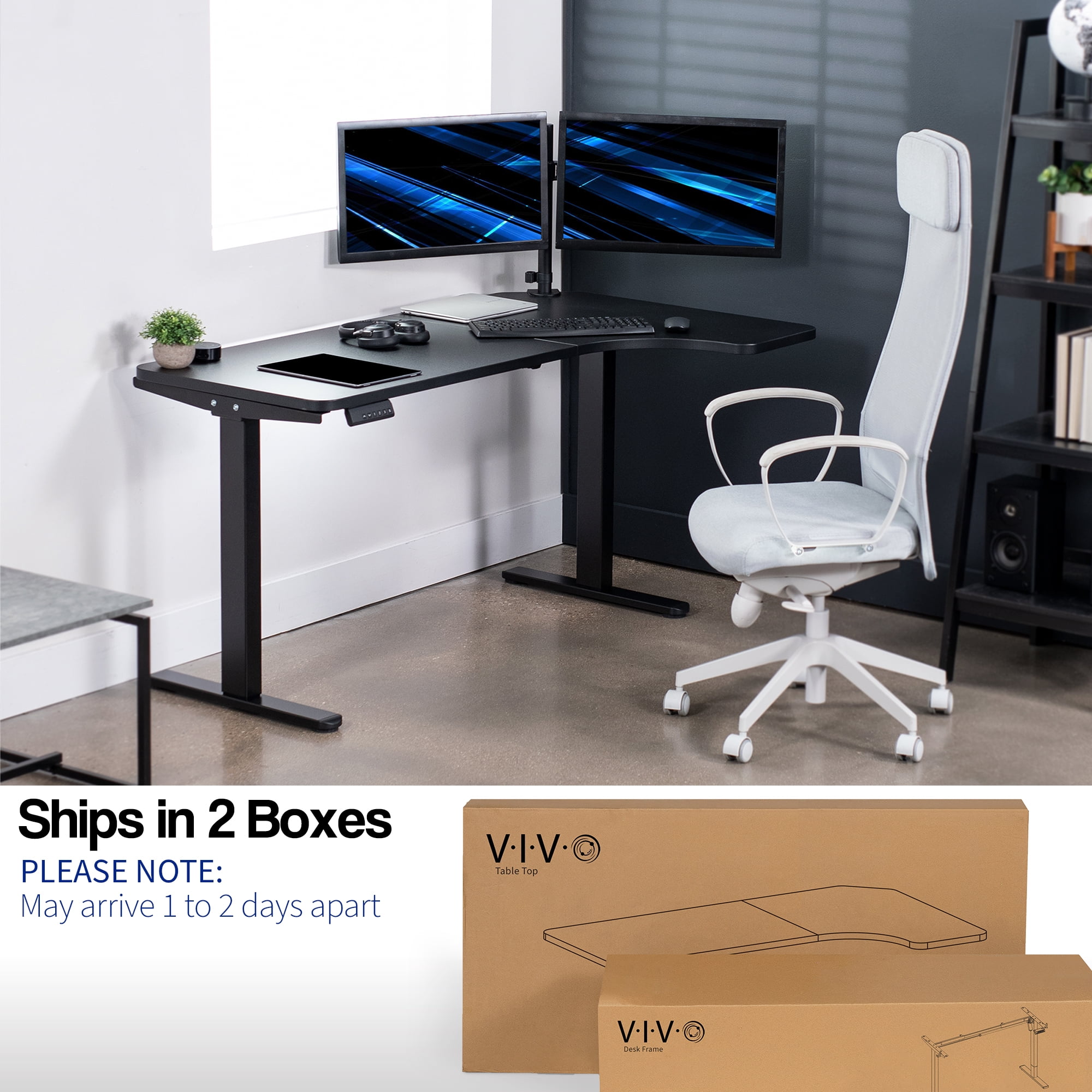 VIVO Electric 58" x 35" Dual Motor Standing Corner Desk, Black Top, Black Frame