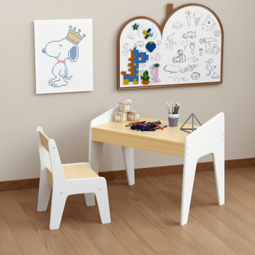Kids Table Set with One Chair, Wooden Children Study Table, 2-8 Age Kids Funiture , White Natural