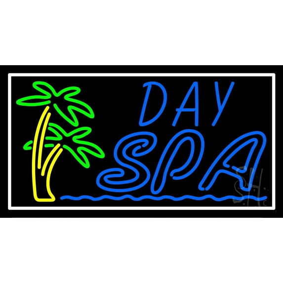 Day Spa With Palm Trees LED Neon Sign 13 x 24 - inches, Black Square Cut Acrylic Backing, with Dimmer - Bright and Premium built indoor LED Neon Sign for Spa interior decor and storefront.