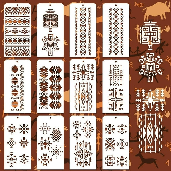 12 Pcs Decorative Painting Templates 12 Styles Aztec Themed Painting Stencils Reusable Border Stencil for Painting on Tile Wall Floor Scrapbooking Decor Drawing Tracing