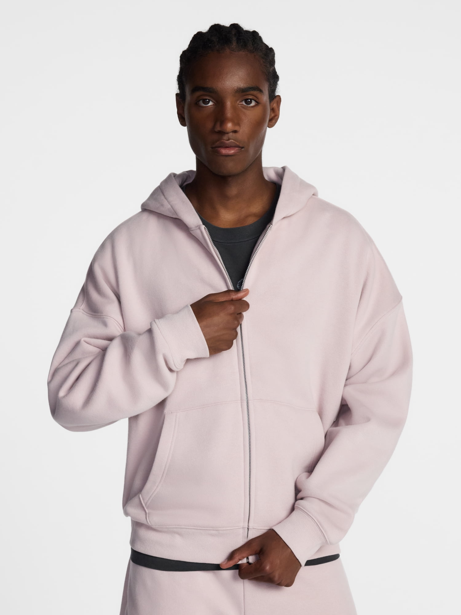 No Boundaries Boxy Oversized Fit Fleece Zip Hoodie Sweatshirt with Long Sleeves, Men's XS-4XLT