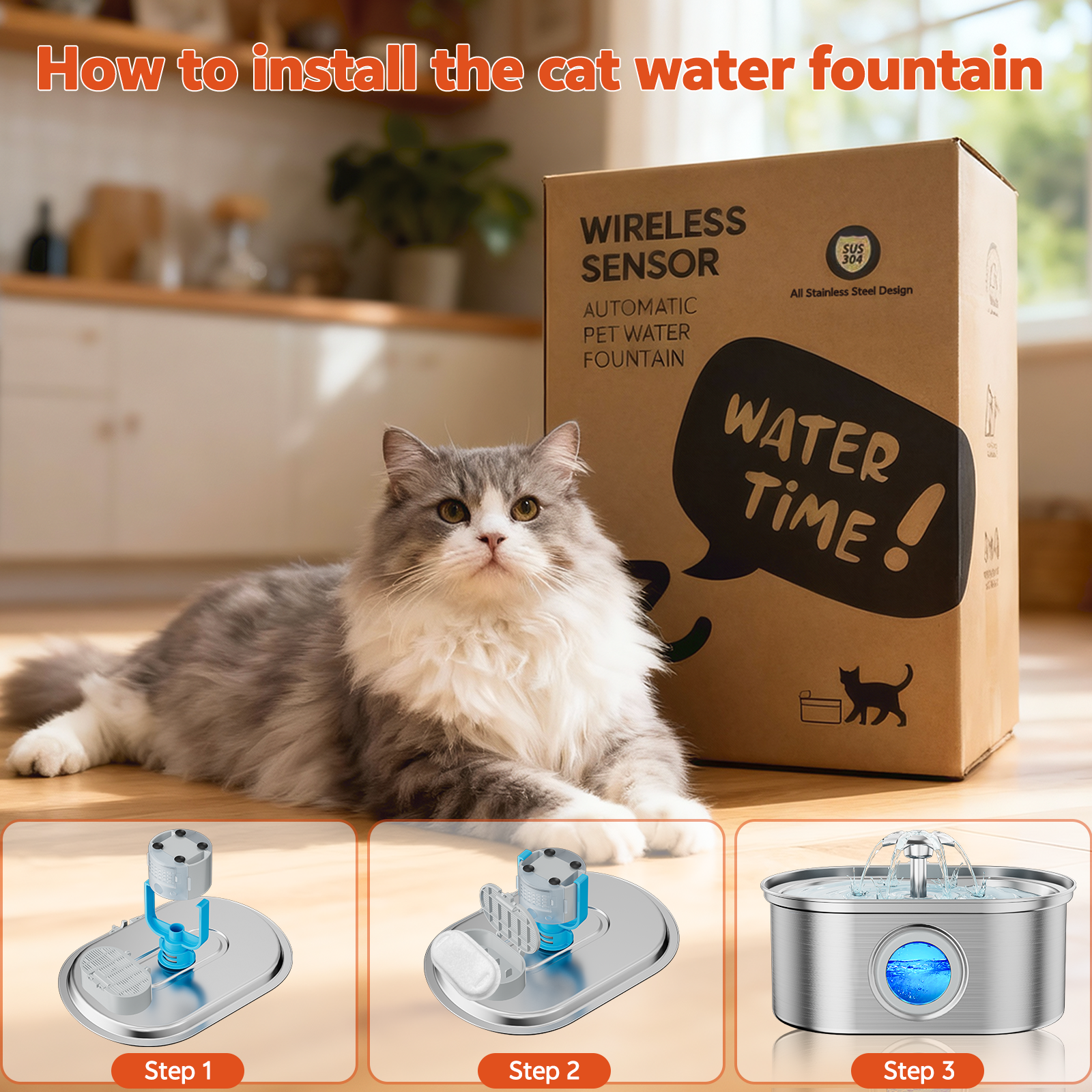 YUWENUS Stainless Steel Cat Water Fountain, 108oz, Silver photo 4