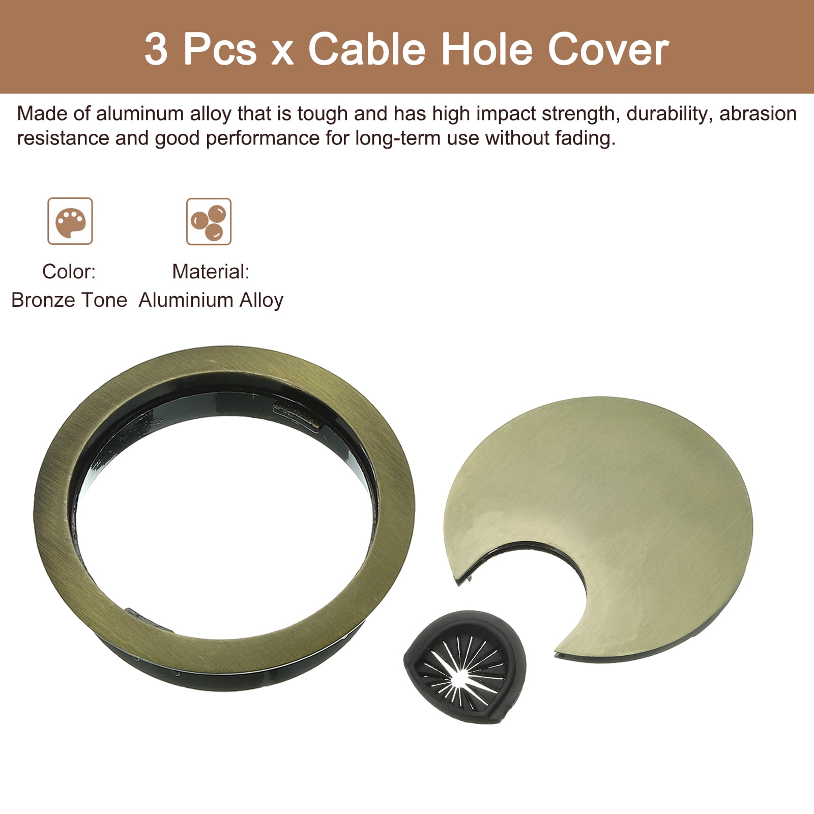 Uxcell 3Pack 3-5/32" Cable Hole Cover Zinc Alloy Desk Wire Cord Grommet, Bronze Tone