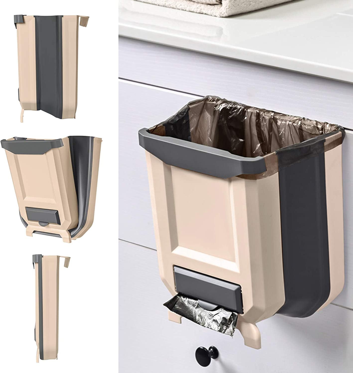 WDPUCHU Hanging Kitchen Trash Can, Foldable Waste Bin for Kitchen,  Collapsible Hang Small Plastic Garbage Can 2.4 Gallon for