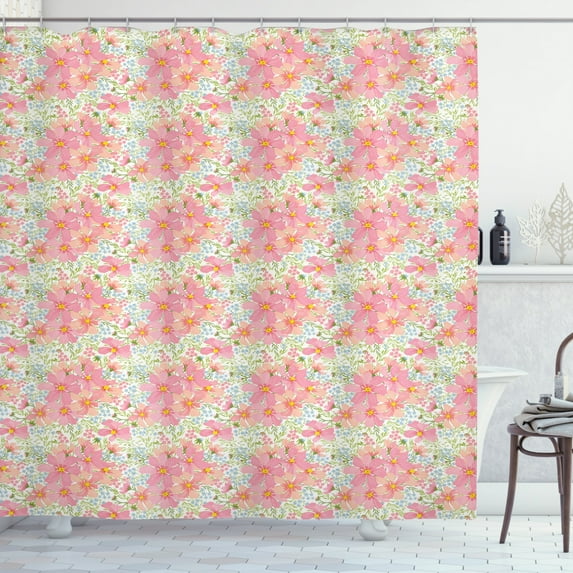 Spring Shower Curtain, Flowers and Herbs Illustration in Pastel Colors Botany Themed Countryside Nature, Fabric Bathroom Set with Hooks, 69W X 84L Inches Extra Long, Multicolor, by Ambesonne