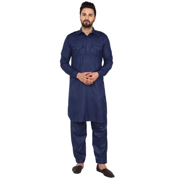 SKAVIJ Men's Pathani Kurta Pajama Set Indian Ethnic Casual Party Dress Beige L