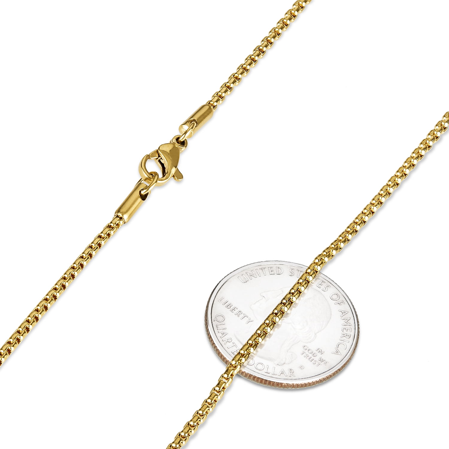 2mm 24k Yellow Gold Plated Stainless Steel Square Box Chain Necklace, 22 inches + Gift Box