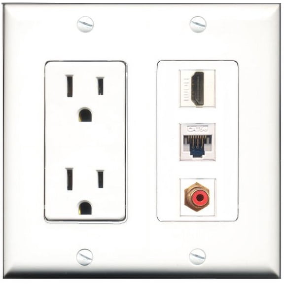 RiteAV - 15 Amp Power Outlet 1 Port HDMI 1 Port RCA Red 1 Port Cat5e Ethernet White Decorative Wall Plate