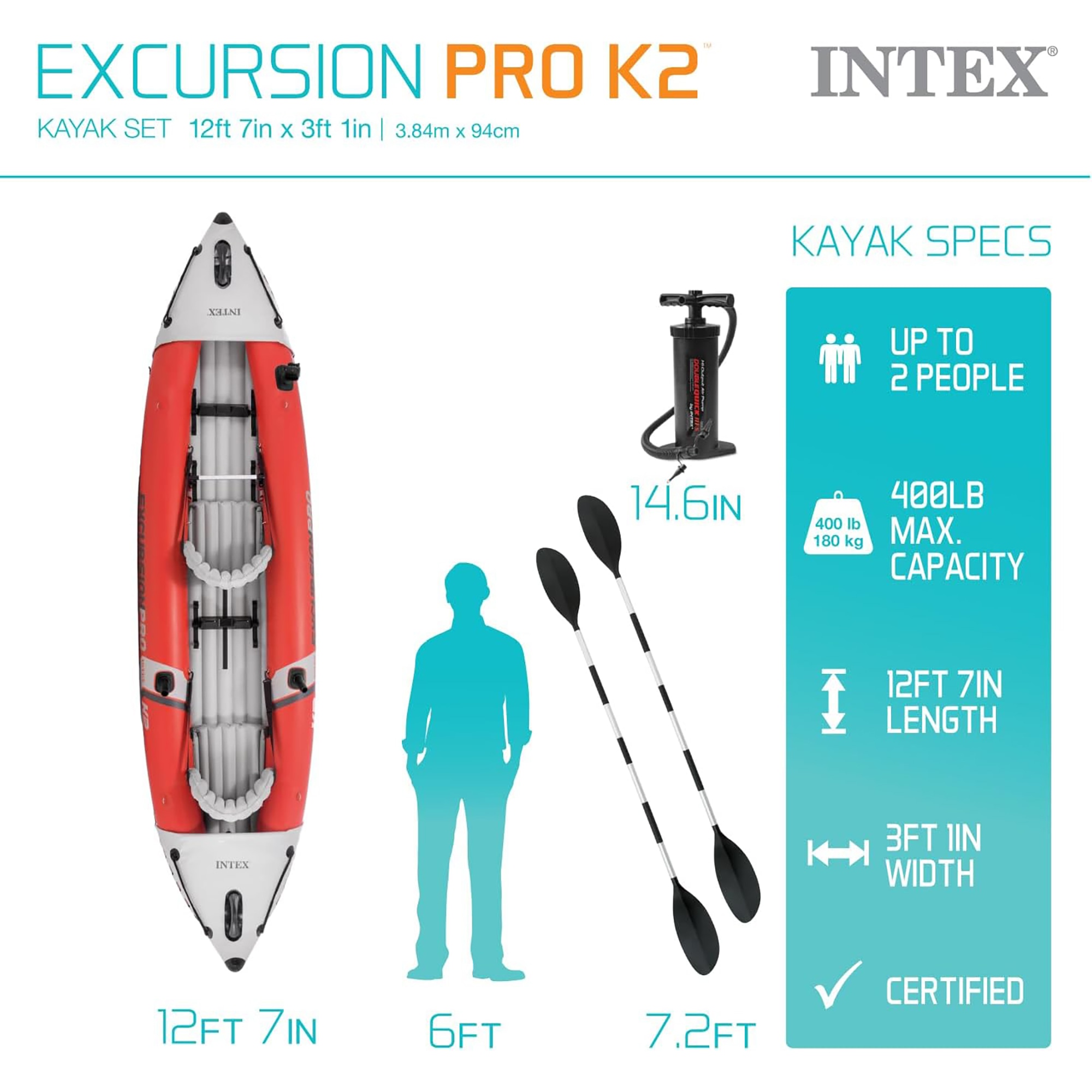 Excursion Pro 151 x 37 x 18" K2 Inflatable Kayak W/ Aluminum Oars, Pump, Fishing Rod Holders, Carry Bag - image 3 of 13