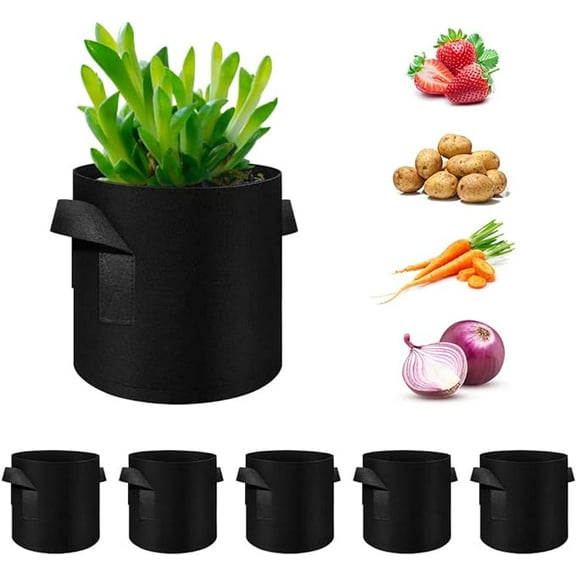 5 Pack 10 Gallon Grow Bags, Heavy Duty Thickened Nonwoven Fabric Pots with Handles, Planter Grow Bags for Vegetables/Flower//Fruits, Black