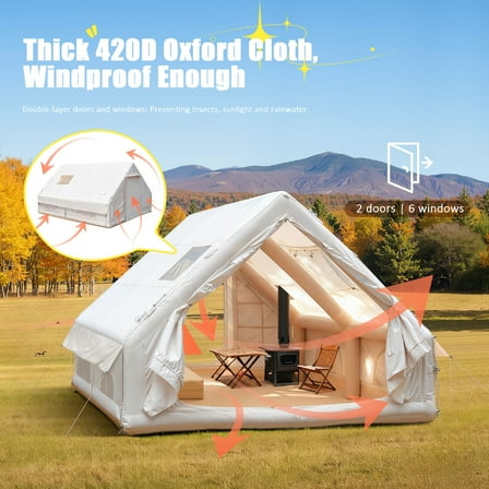 Foxnovo Beige Inflatable Camping Tent for Adults with Easy Setup Weatherproof Design and Enhanced Ventilation 420d Oxford Cloth