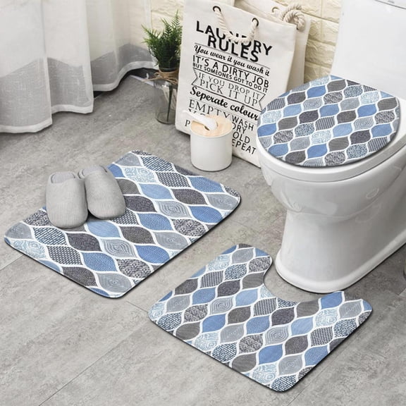 Blue Geometric Quatrefoil Pattern Bathroom Rugs Sets 3 Piece,Toilet Cover Set,Absorbent Non Slip Bathroom Mats Sets with U-Shaped Contour Rug Toilet Rug Set