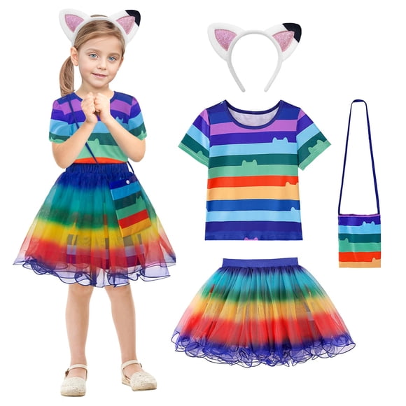 Conjunto de vestido ADREIT con forma de tutú arcoíris para niñas con diadema y bolso