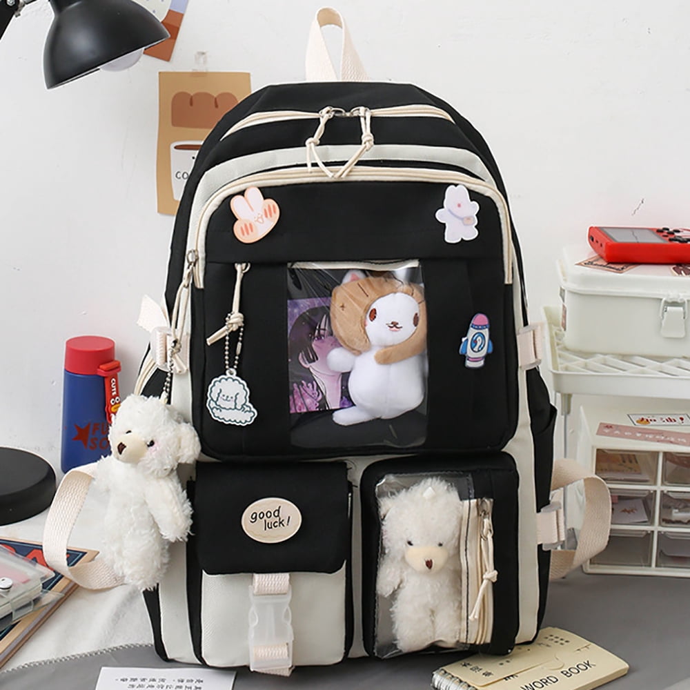 Sanmadrola 5PCS School Backpacks Cute Plush Bear Backpack Set with Pendants and Pins Accessories Kawaii Laptop Bag School Bags, Black
