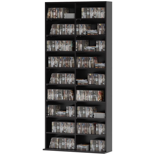 9-Tier Black Media Shelf - Adjustable CD & DVD Storage Rack | 68.9" Tall | Living Room, Office & Entryway Organization