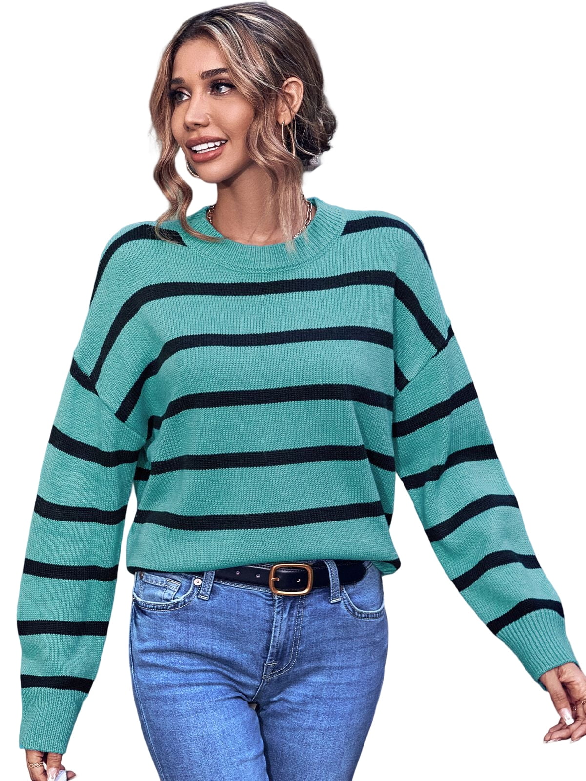 WIPONKEN Green Sweaters for Women Striped Sweaters Knit Sweaters Long