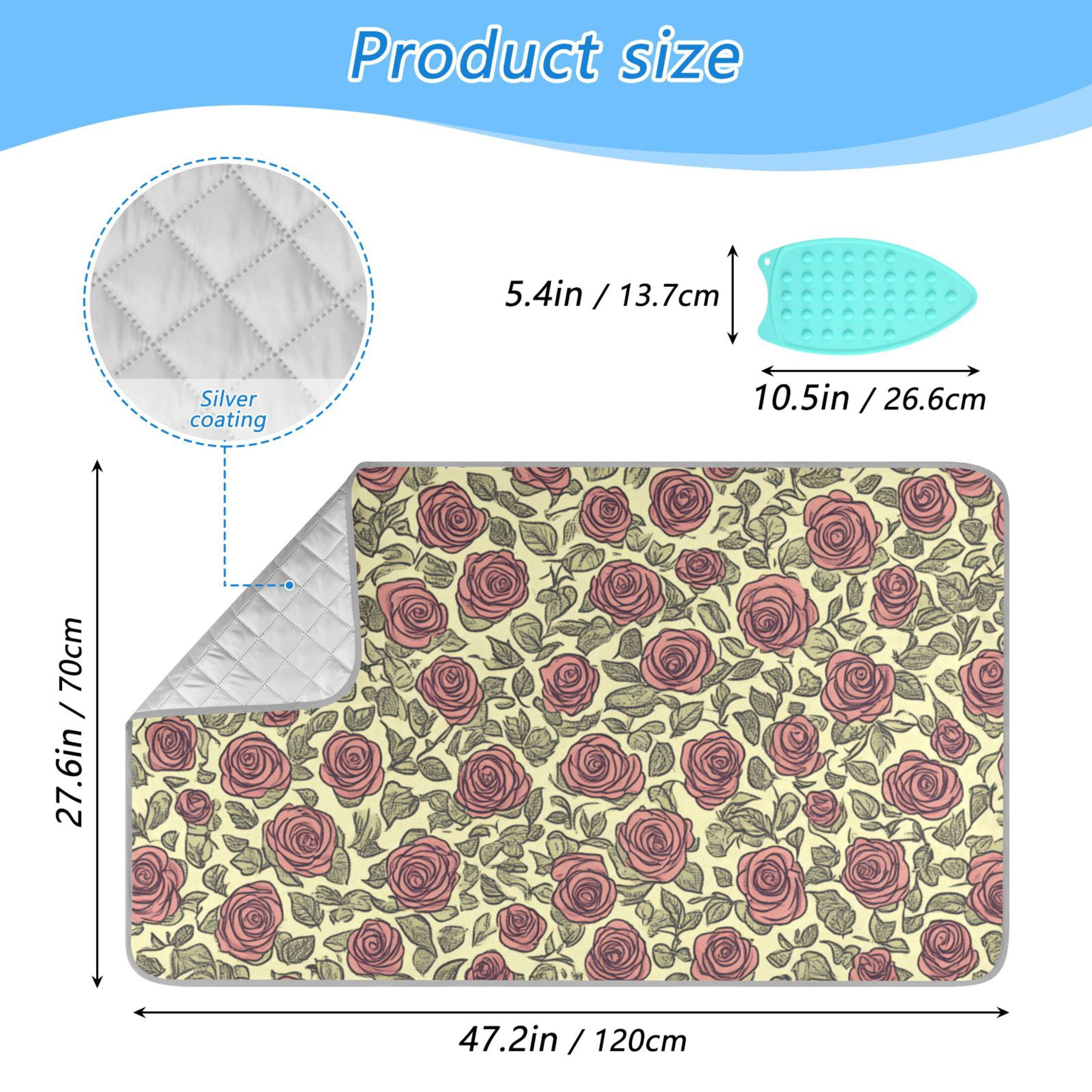 Vintage Rose Floral Print Ironing Mat Blanket for Table Top Travel Portable Ironing Board Pad 47.2x27.6 Inch