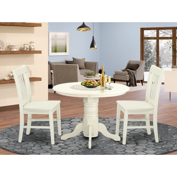 Round Dinette Set - 3 Piece Table & Chairs - Linen White Finish - Small Space Dining Room Furniture