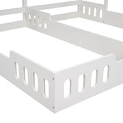 Twin Size House Floor Bed with Roof, Wood Double Twin Beds with Shelves and Guardrail for 2 Kids, Two Shared Beds Montessori Bed Frame, House Platform Bed for Girls Boys, Creamy White