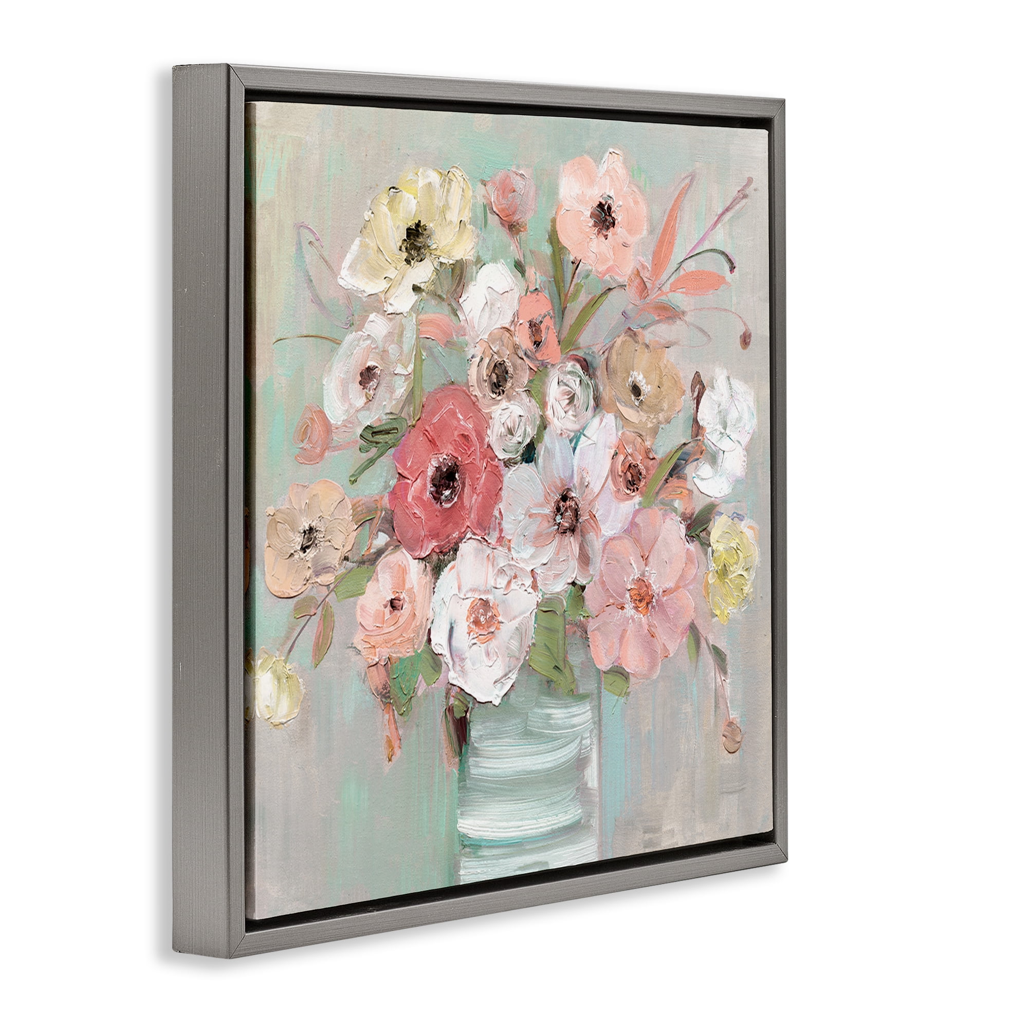 Stupell Industries Pastel Flower Forms Vase Gray Framed Floater Canvas Wall Art, design by Sally Swatland