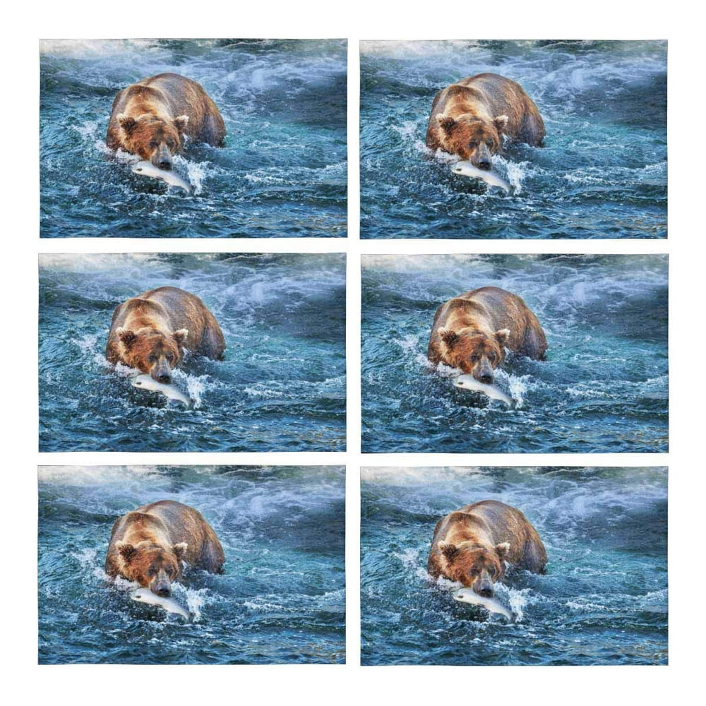 MKHERT Wildlife Brown Bear Hunting Fish On Alaska Placemats Table Mats