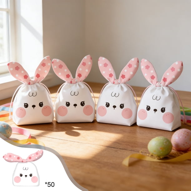 Bolsas de plástico con forma de oreja para snacks y dulces | Envase blanco opaco | Paquete de 50 para venta minorista, hogar o fiestas | Bolsas de 21,7 x 13,5 cm para turrones, repostería y regalos