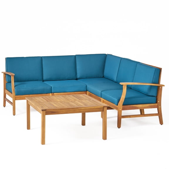 GDF Studio Abena Outdoor Acacia Wood 5 Seater Sectional Sofa Chat Set, Teak and Blue